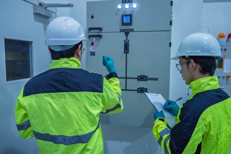 Two engineers inspecting an electrical control panel in a factory