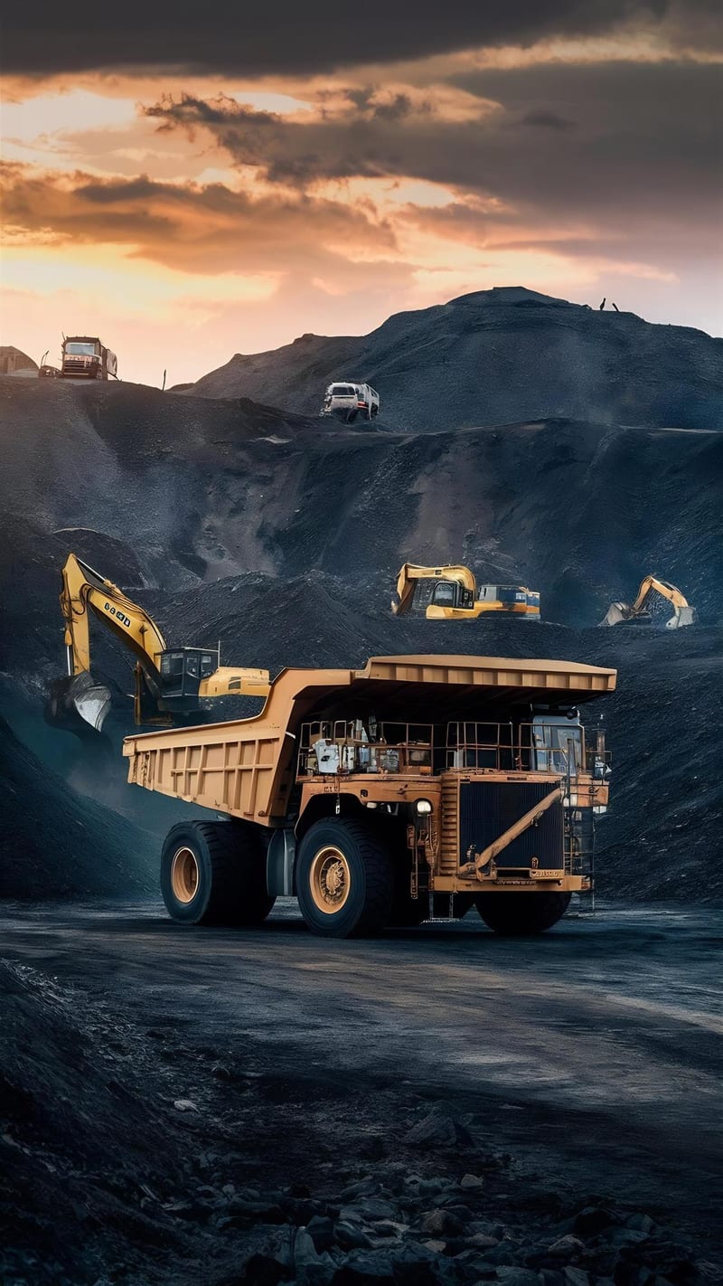 Heavy mining trucks and excavators operating at a large open-pit site