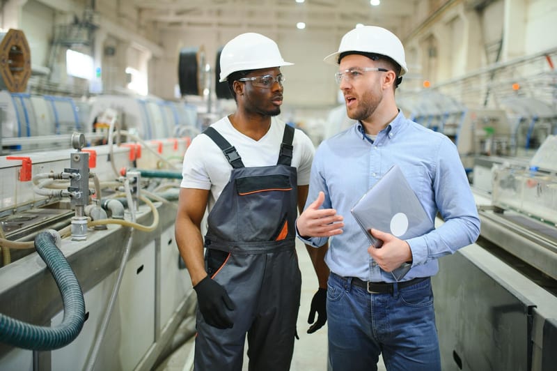 Two industrial professionals reviewing maintenance operations on a manufacturing floor