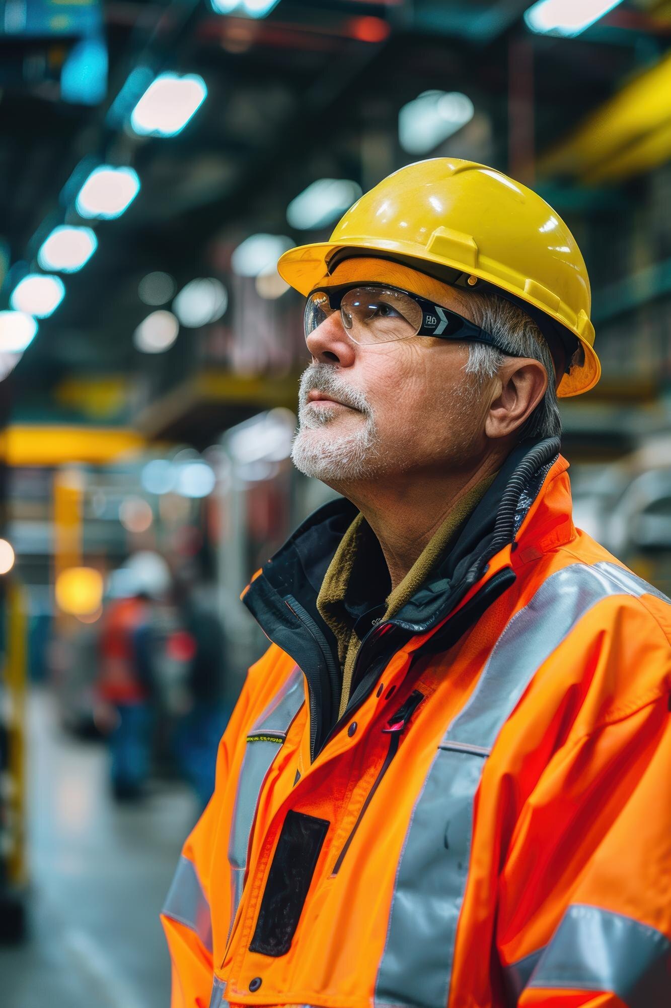 Industrial worker in a yellow hard hat standing on a manufacturing floor